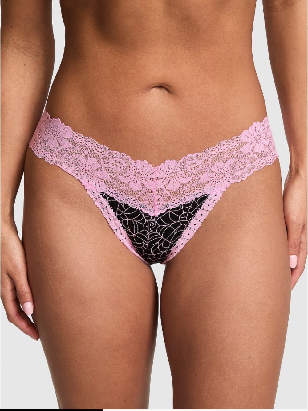 🖤VS Pink spiderwebs ribbed cotton lace waist thong panty sz M NWT